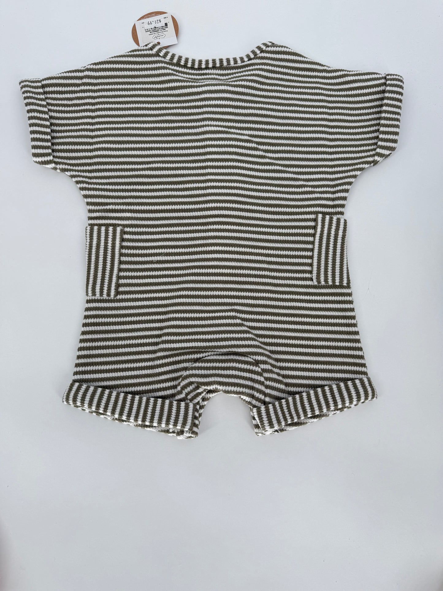 Olive Green Stripe Romper with Side Pockets and Buttons by Mudpie