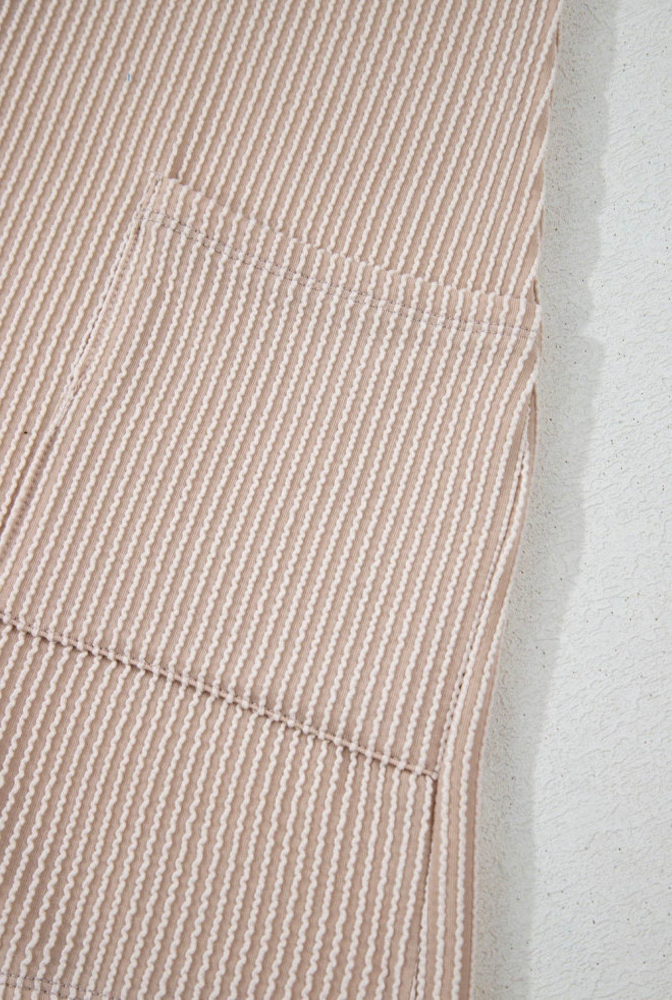 Beige Ribbed Knit Romper with Pocket and Button Detail