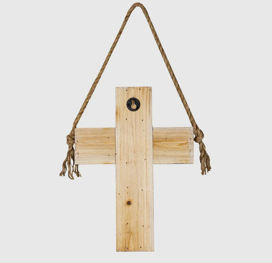 White washed Wooden Cross with Rope and Hardware attached for Hanging