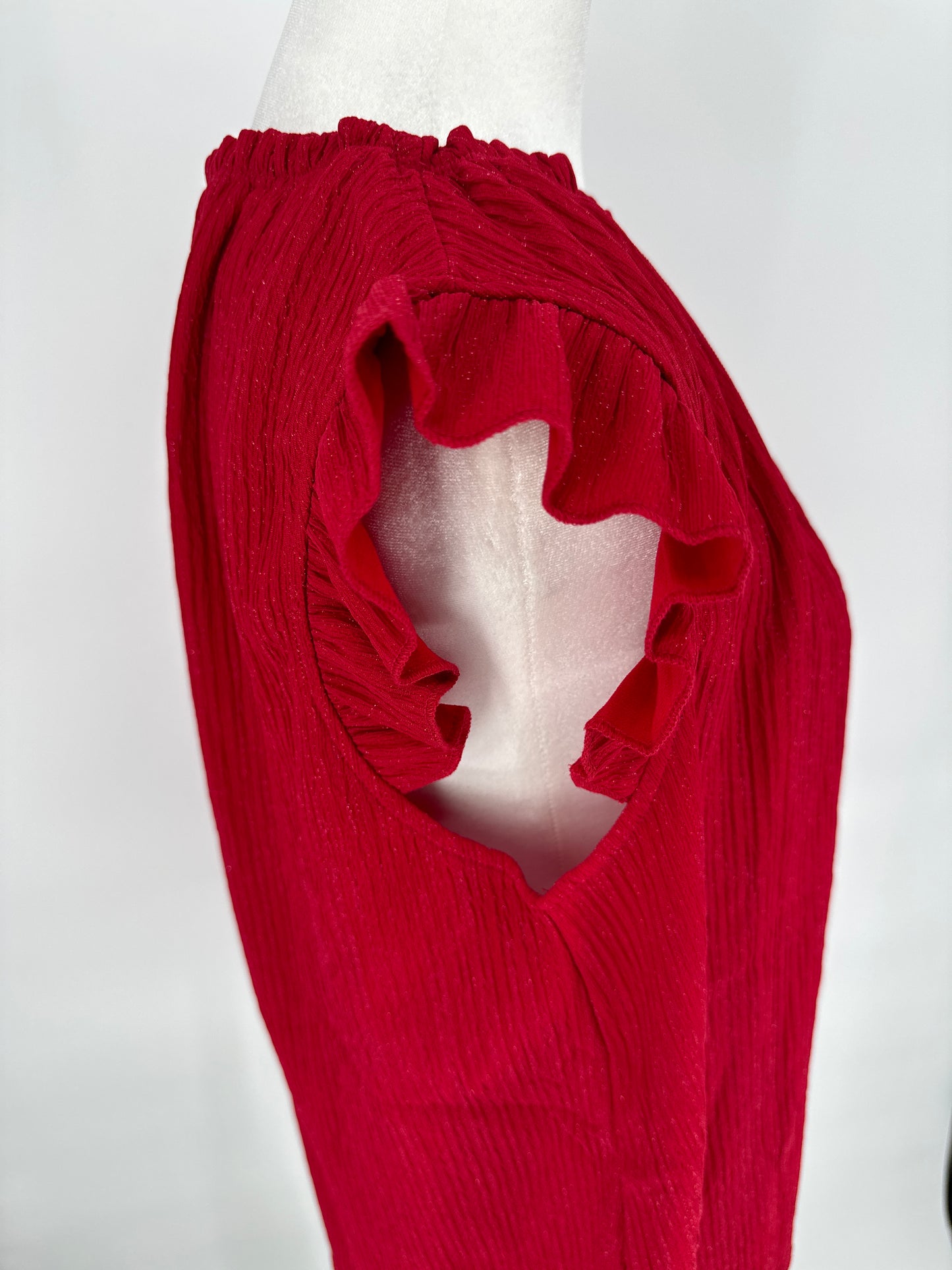 Red Sparkle Sleeveless Blouse with Shoulder Ruffles
