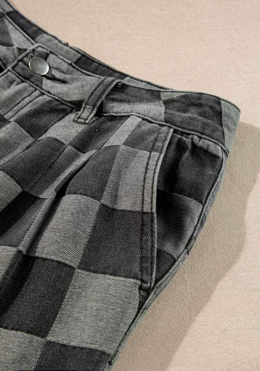 Black and Gray Checked Denim Pants