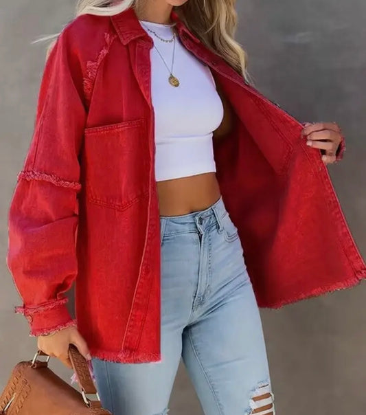 Red frayed denim jacket