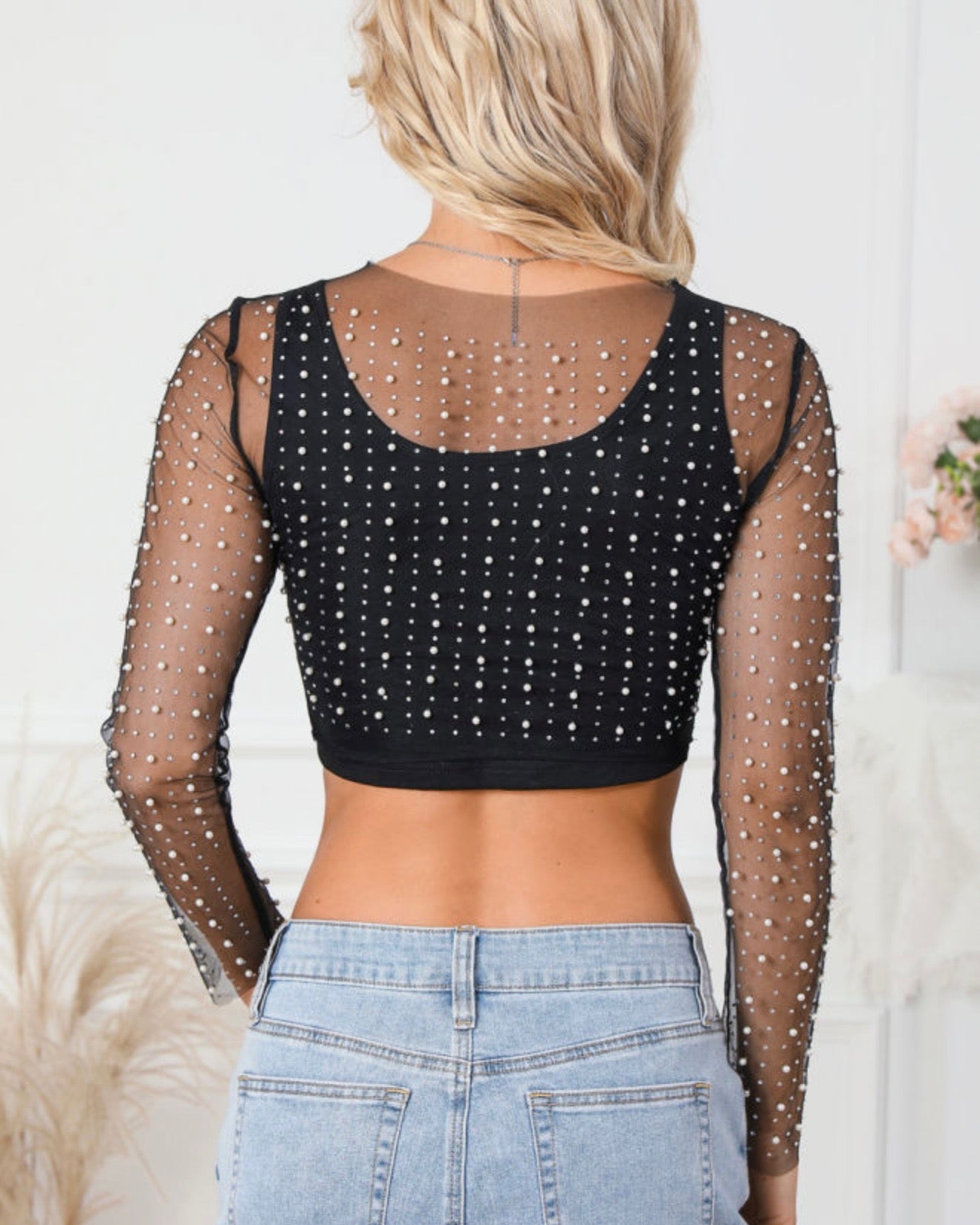 Black Sheer Overlay Top with Pearls and Rhinestones