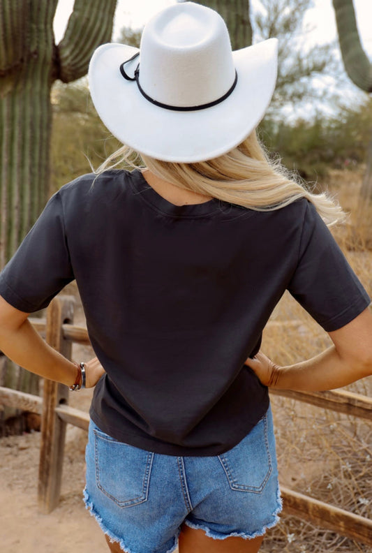 Gray Steer Skull with Turquoise Accents Cropped Tee