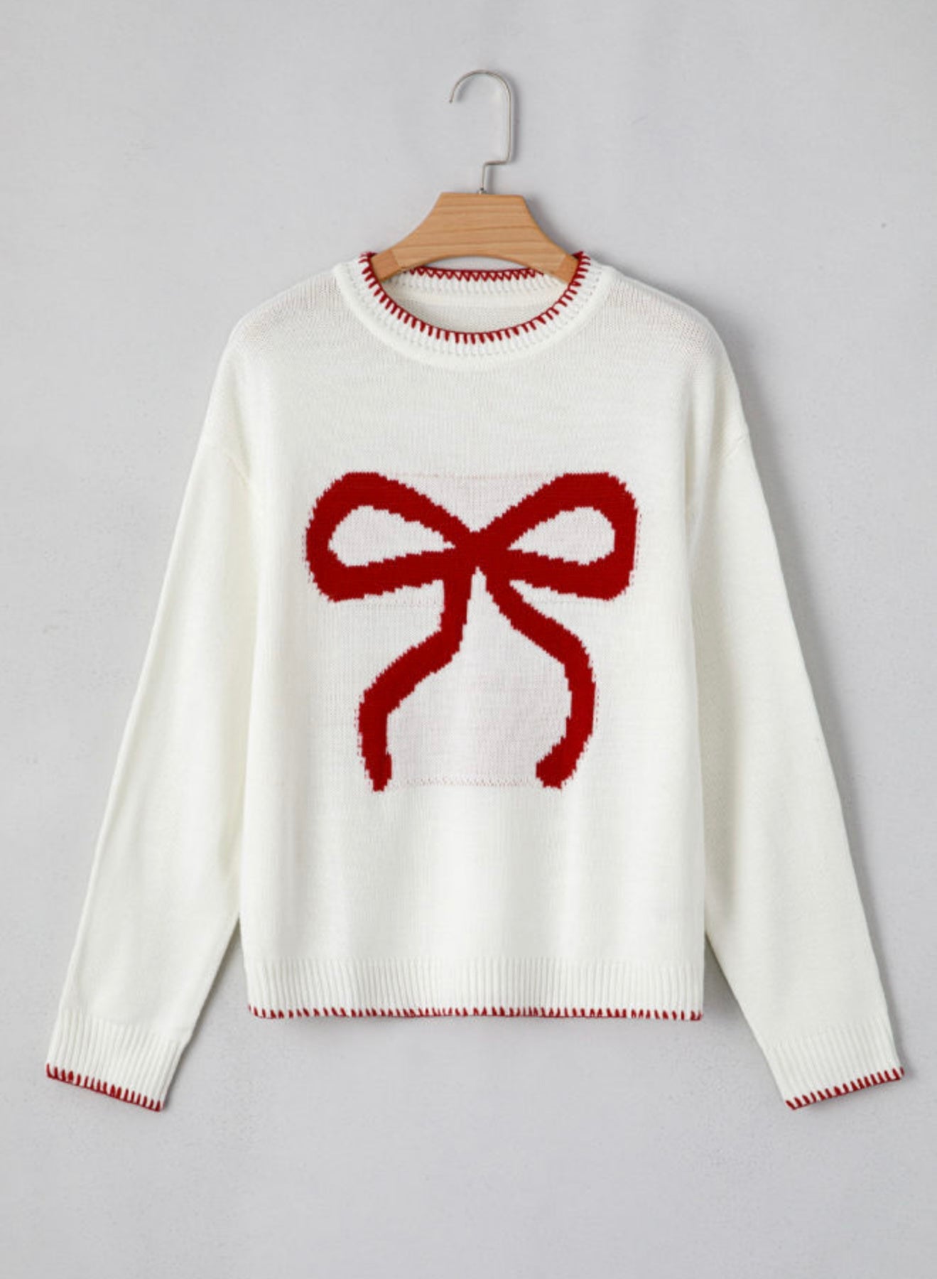 Bow Sweater with the sweetest Red accent blanket stitching details