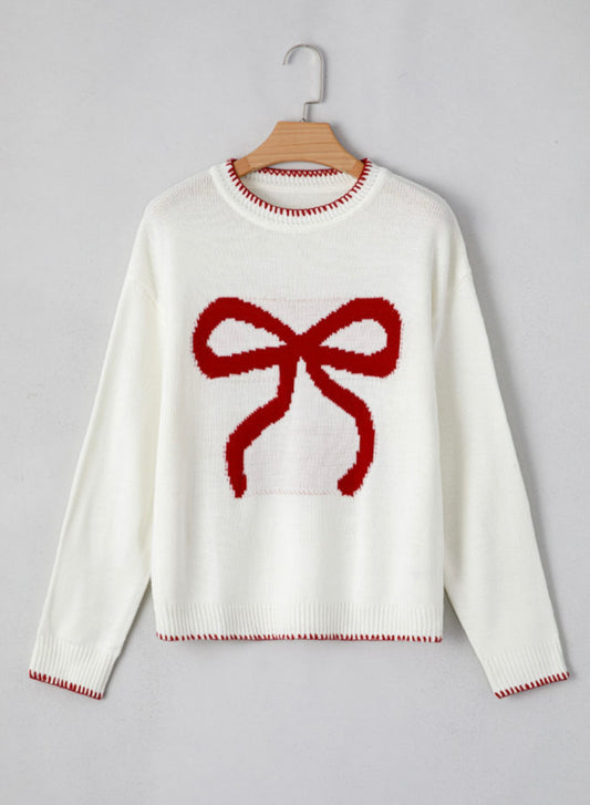 Bow Sweater with the sweetest Red accent blanket stitching details