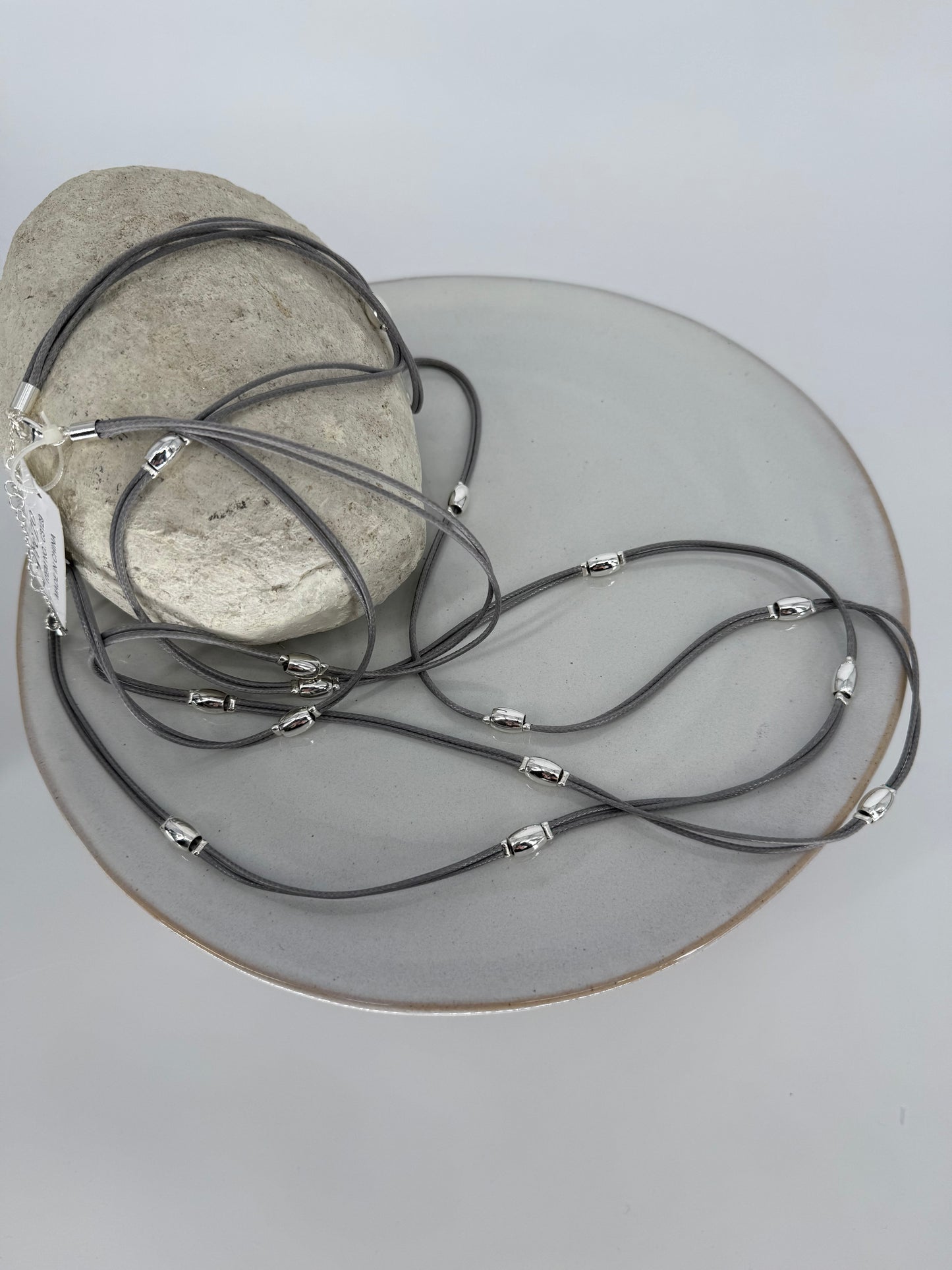 Trezo Gray Leather Double Necklace with Silver Accents