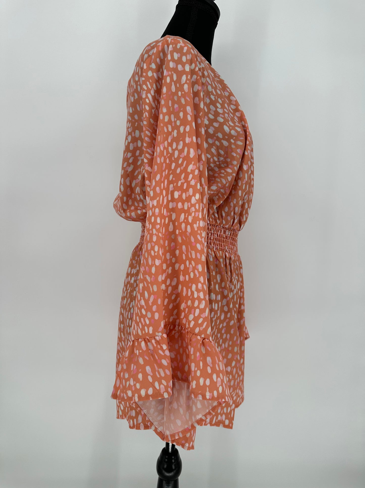 Orange Romper with Long Bell Sleeves and Cinched Elastic Waist