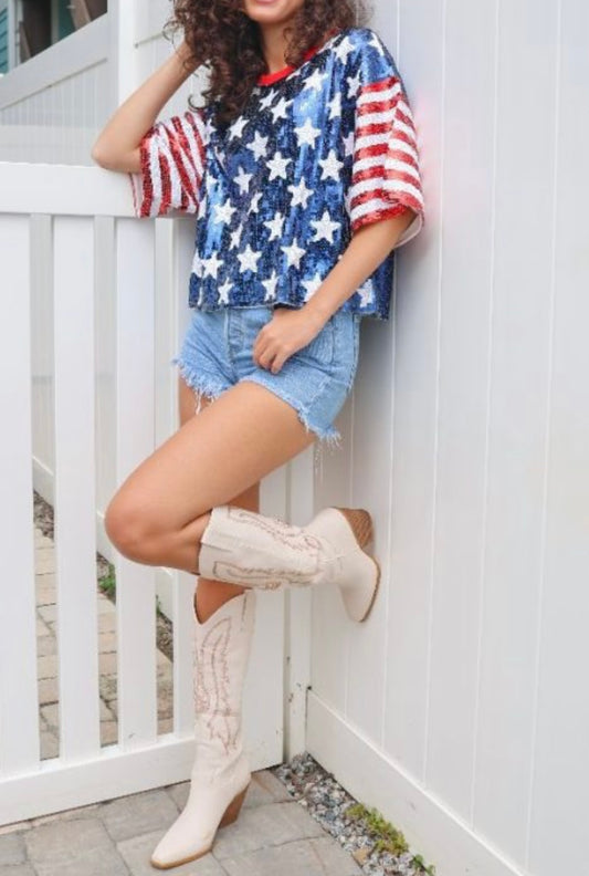 SS Red White and Blue Sequin Top