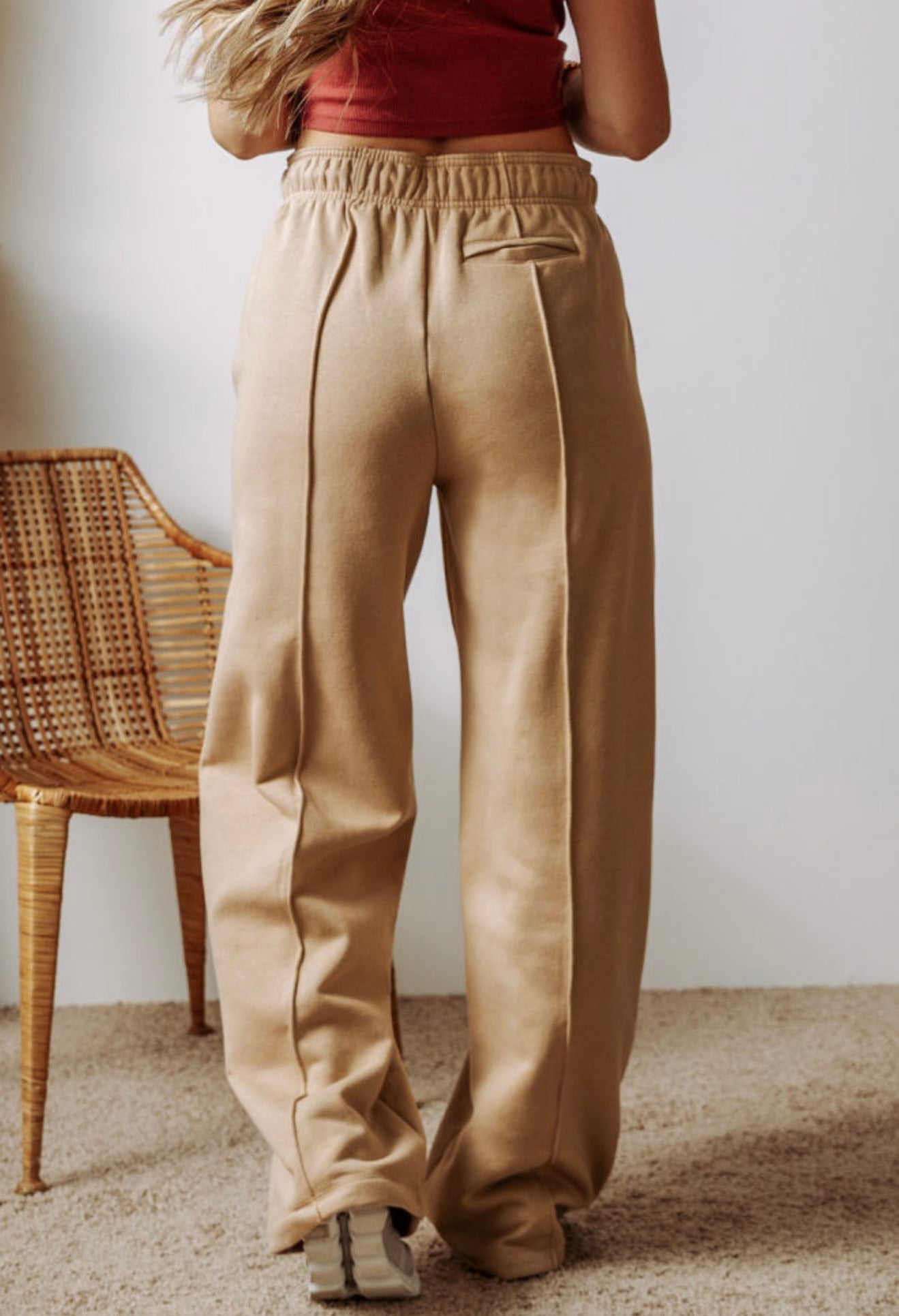 Tan wide leg sweatpants with pockets