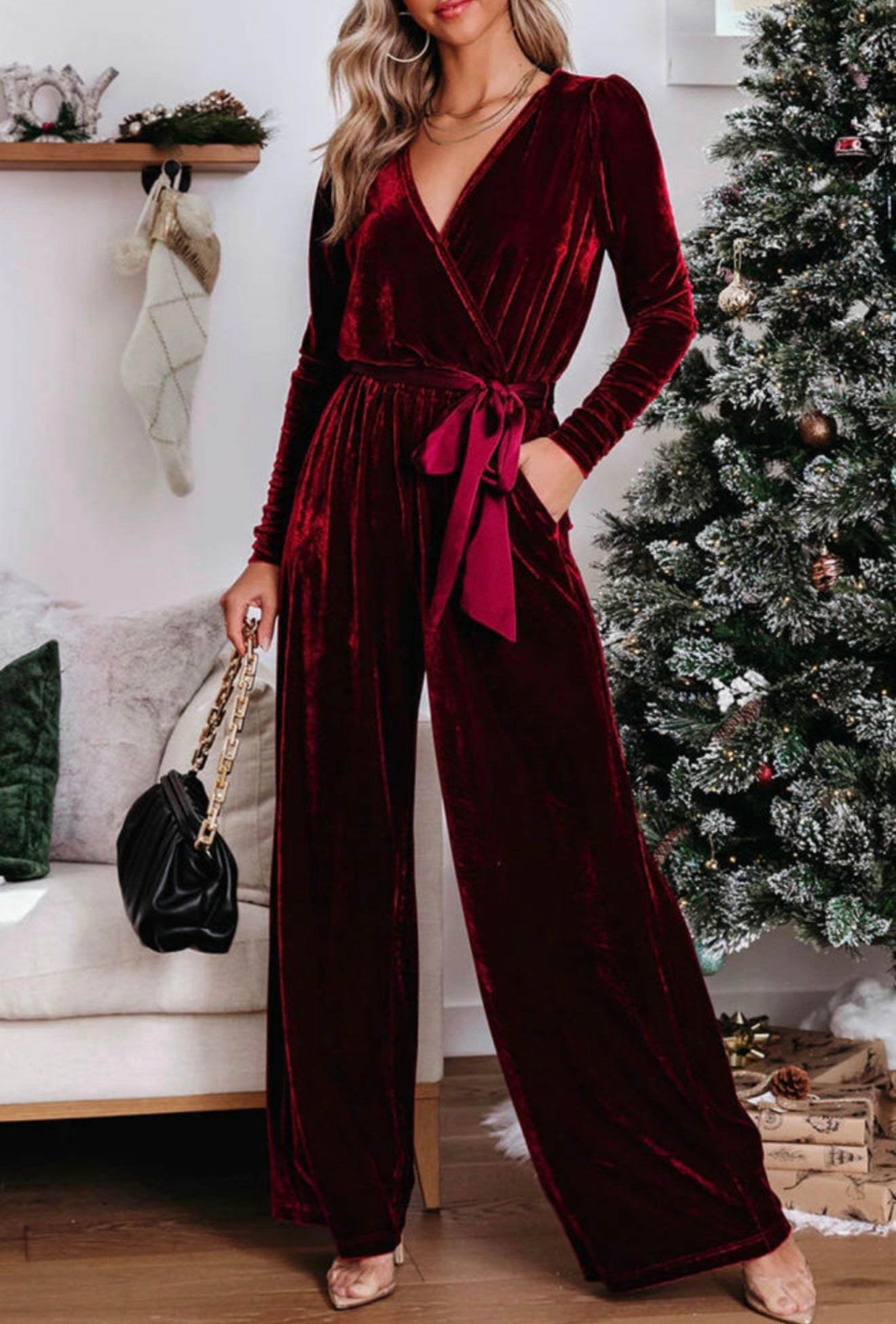 Burgundy Velvet Jumpsuit with Satin Belt