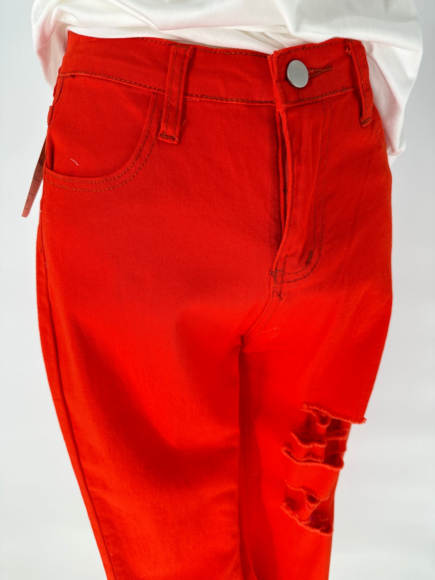 Orange Distressed Stretch Pants