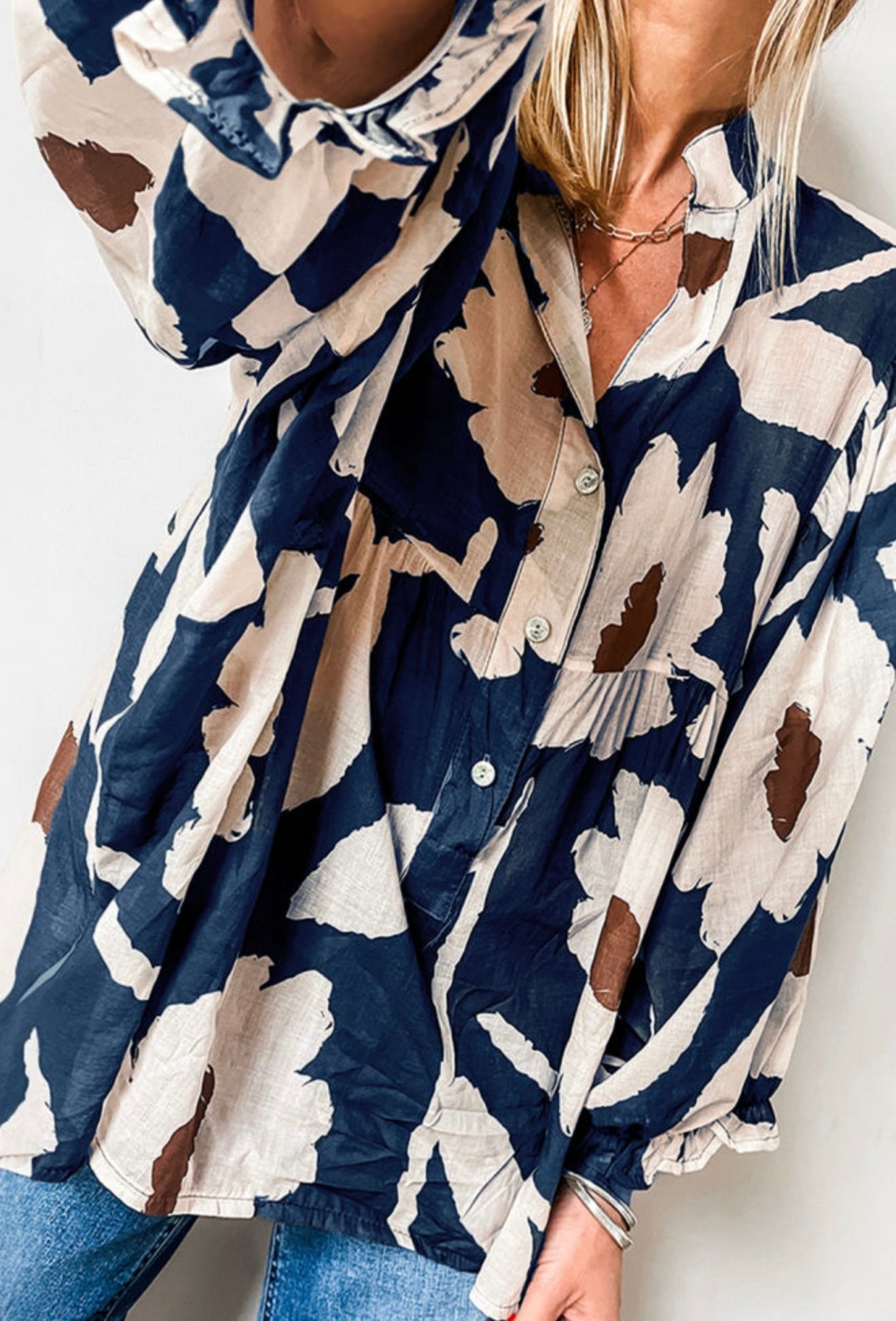Navy Blue Top with Cream and Brown Bold Print