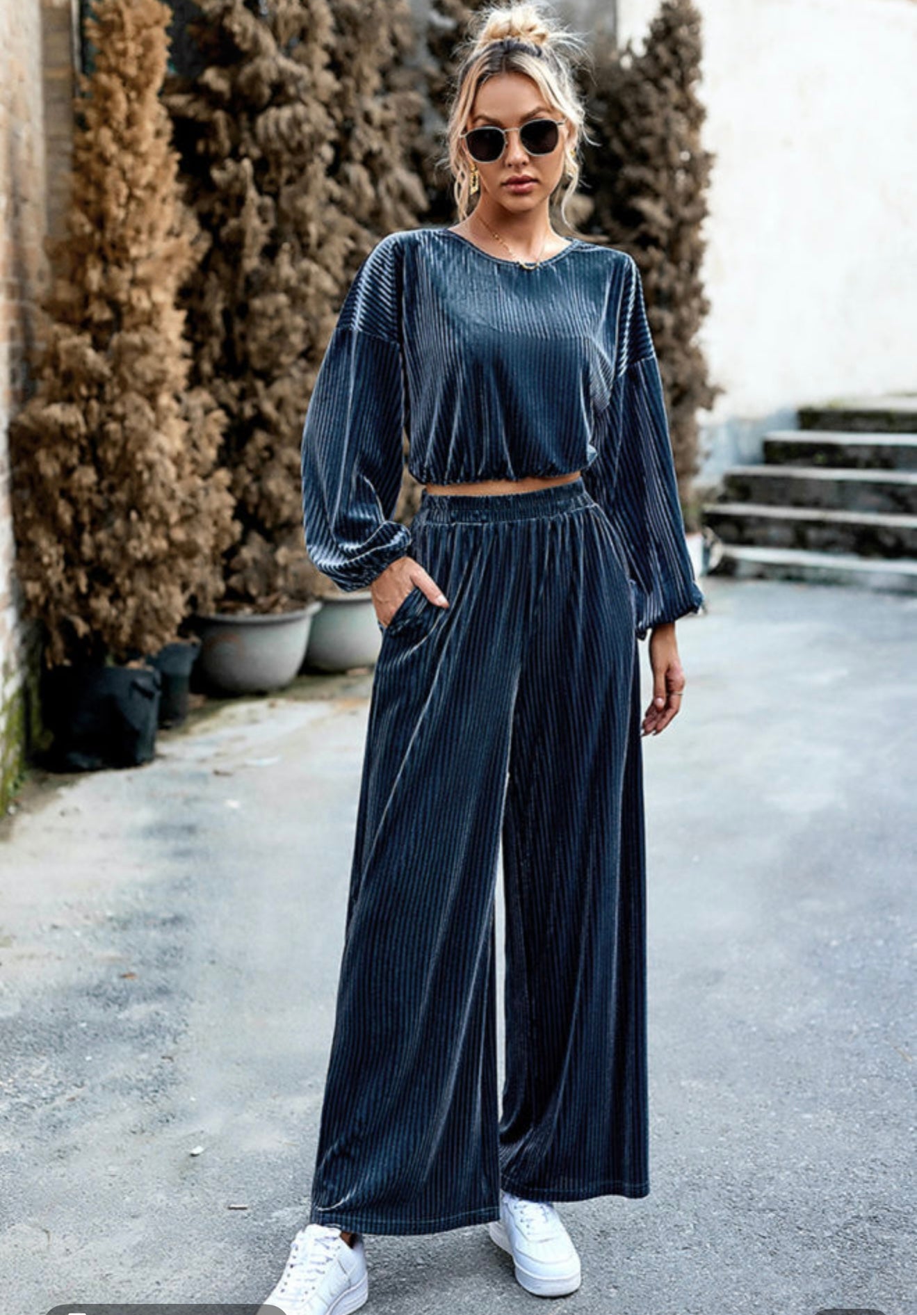 Blue Ribbed Velour 2 pc Set