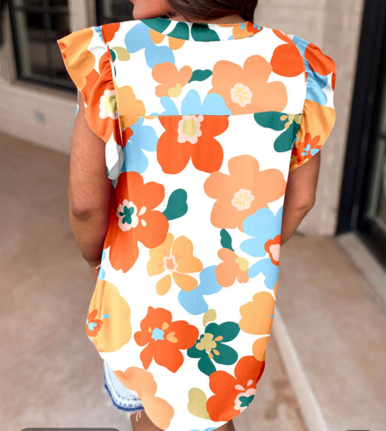 Orange Floral Print Flutter Sleeve Blouse