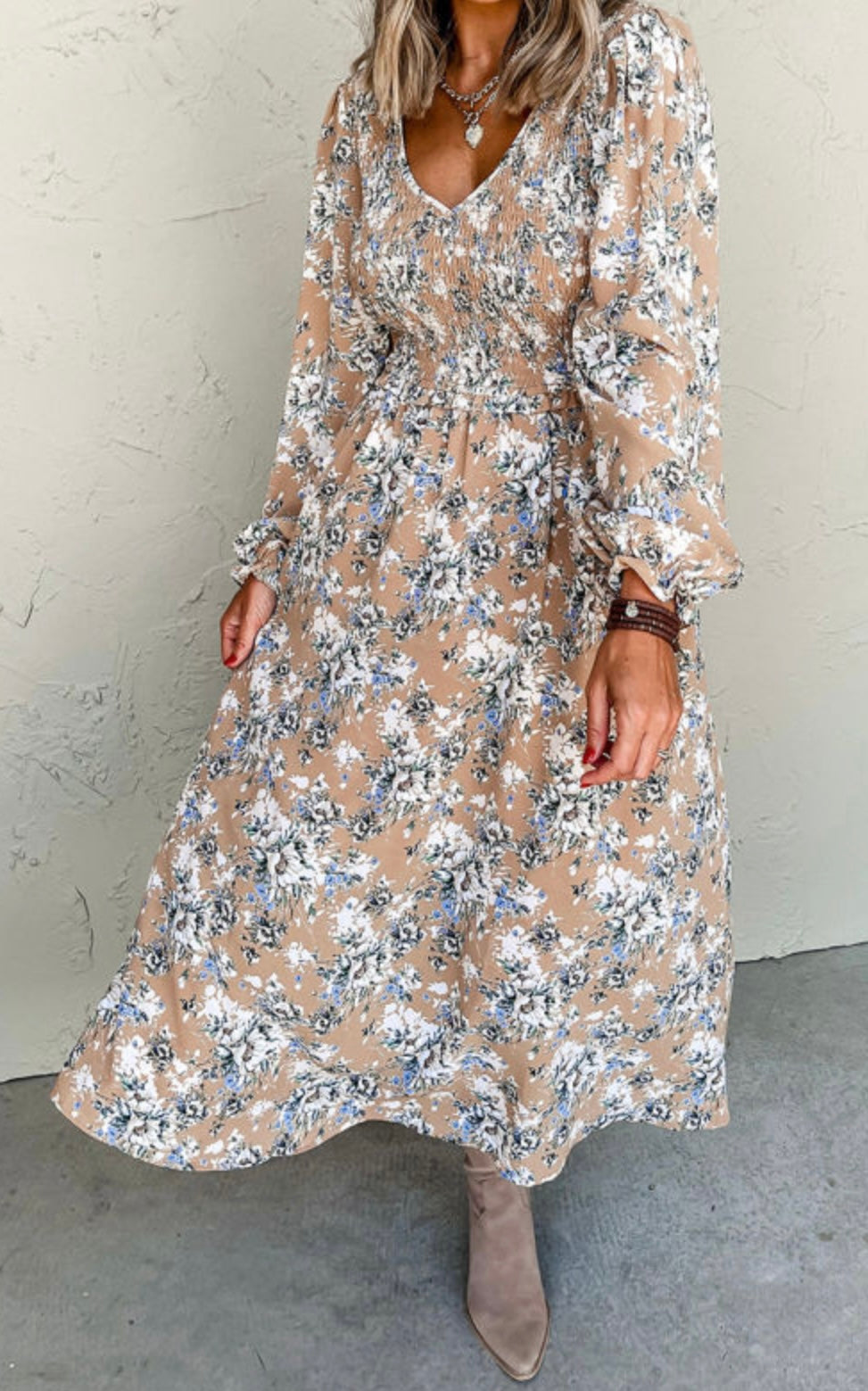 Khaki Floral Print Maxi Dress