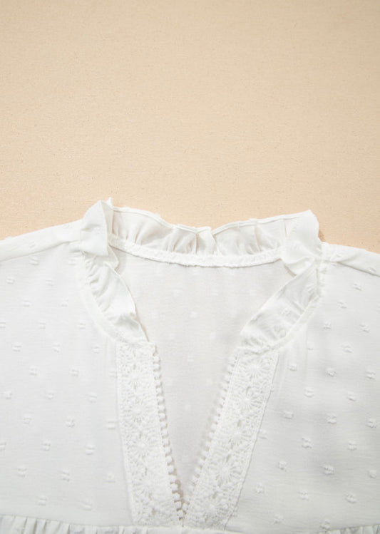 PP18 White Ruffle Lace Trimmed V Neck Top with Swiss Dot Fabric and Carefree Fit