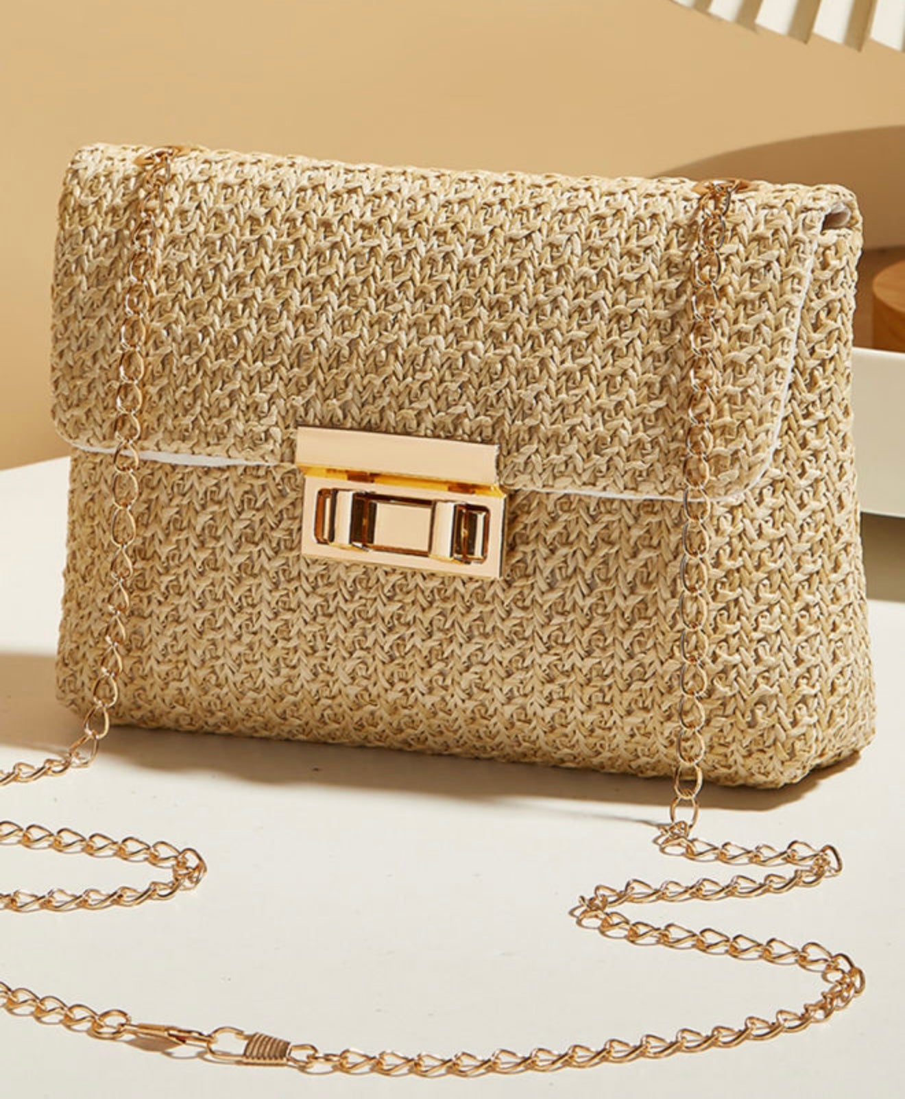 Basket Weave Purse with Gold Chain and Lock Closure