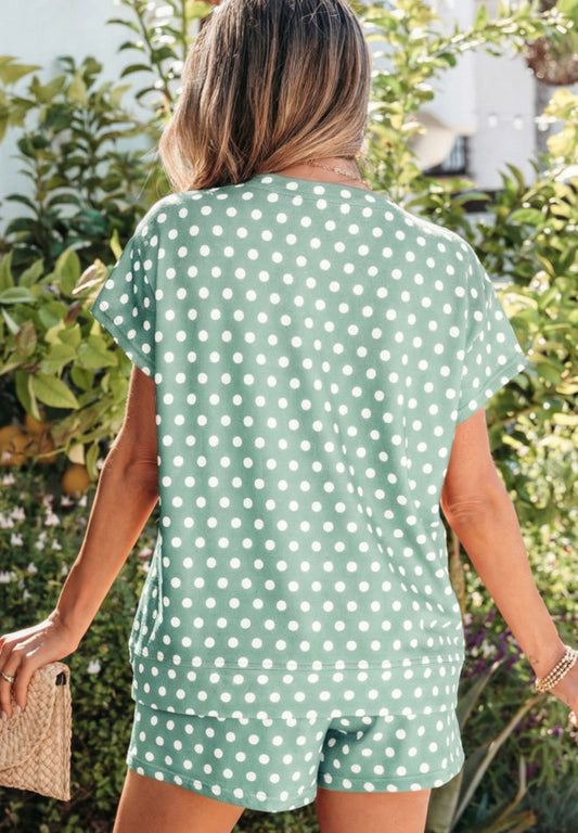 Green polka dot short set for girls by Ivy's Gifts & Boutique, featuring a two-piece design with playful pattern and comfortable fit.