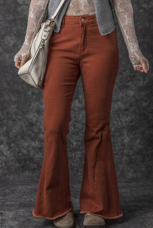 Rust Bell Bottom Jeans with frayed edge