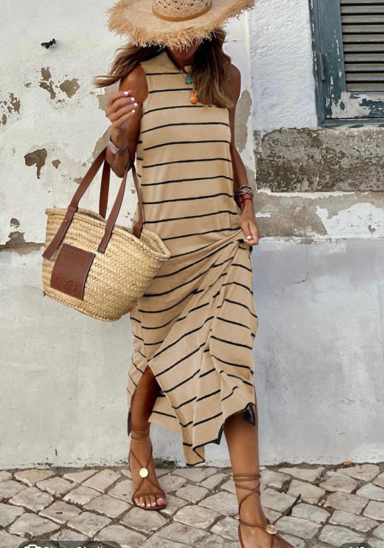Khaki Striped Open V Back Maxi Dress