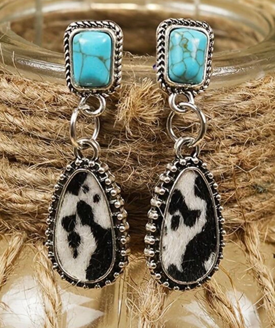 J20 Faux Turquoise and Cow Print Earrings