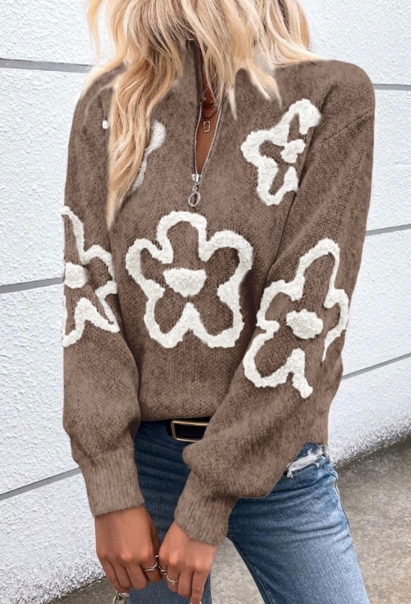 Brown Zipper Neckline Sweater with Flower Accents