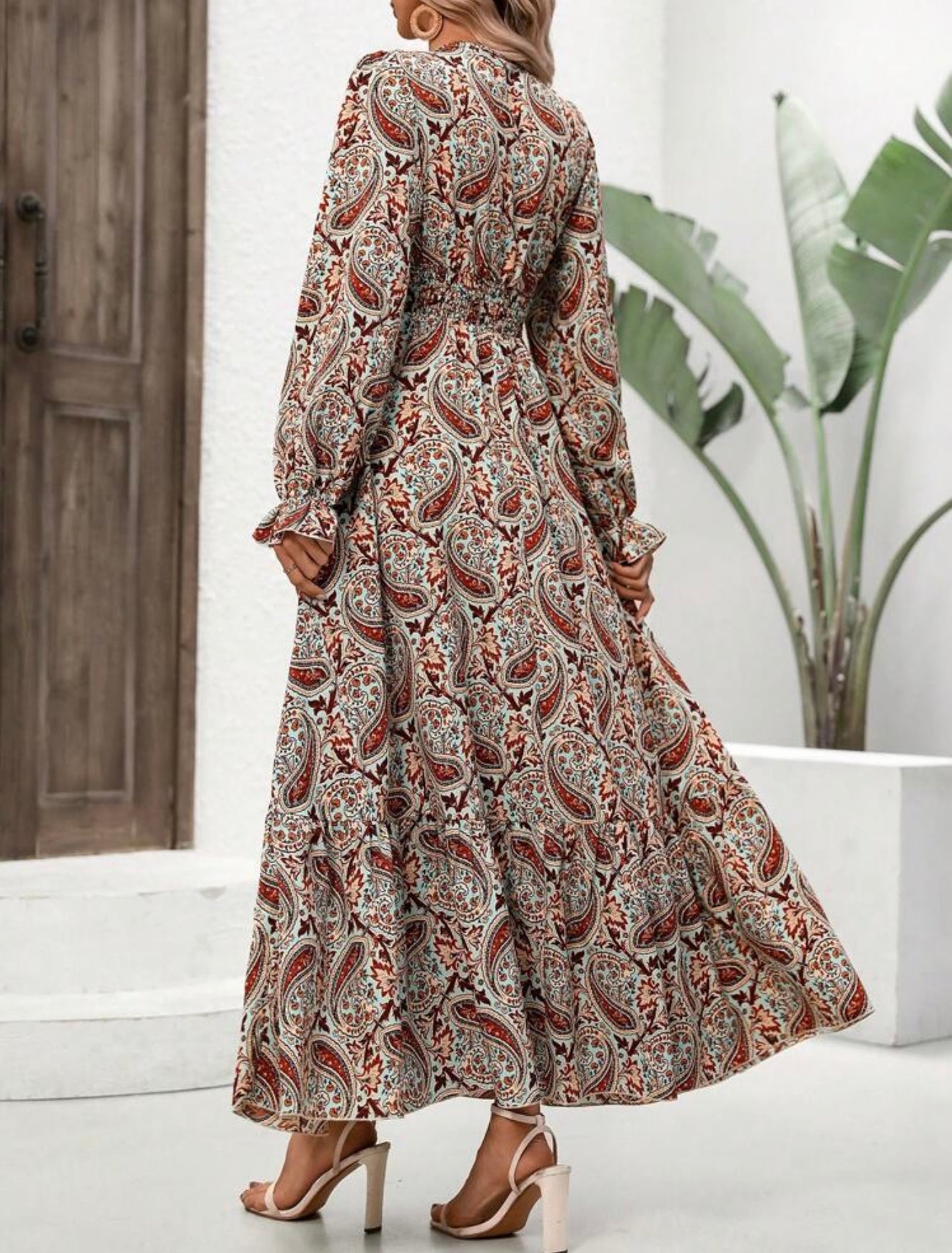 Paisley Print Long Sleeve Elastic Empire Waist Dress