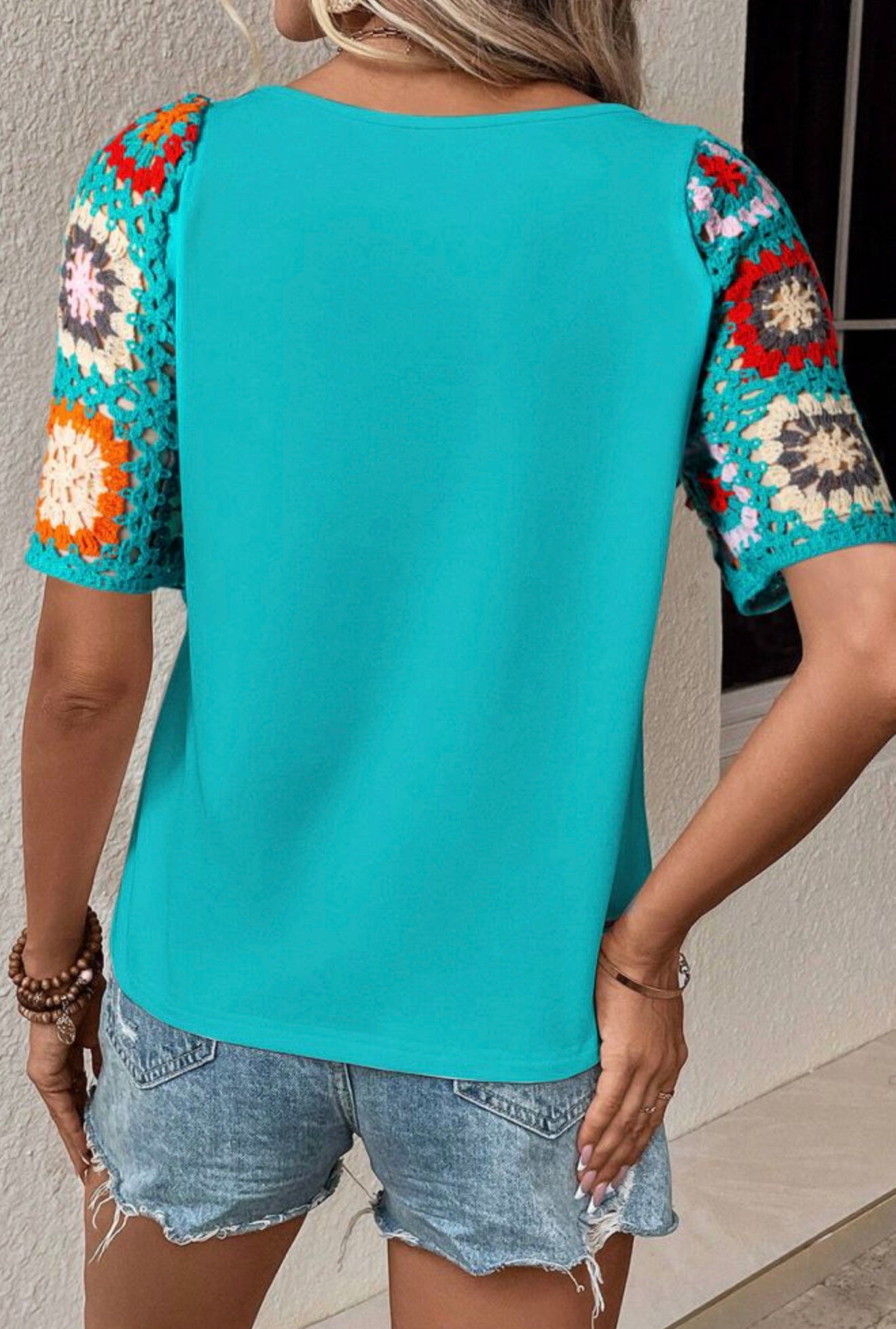 Turquoise Blue Top with Crochet Sleeves