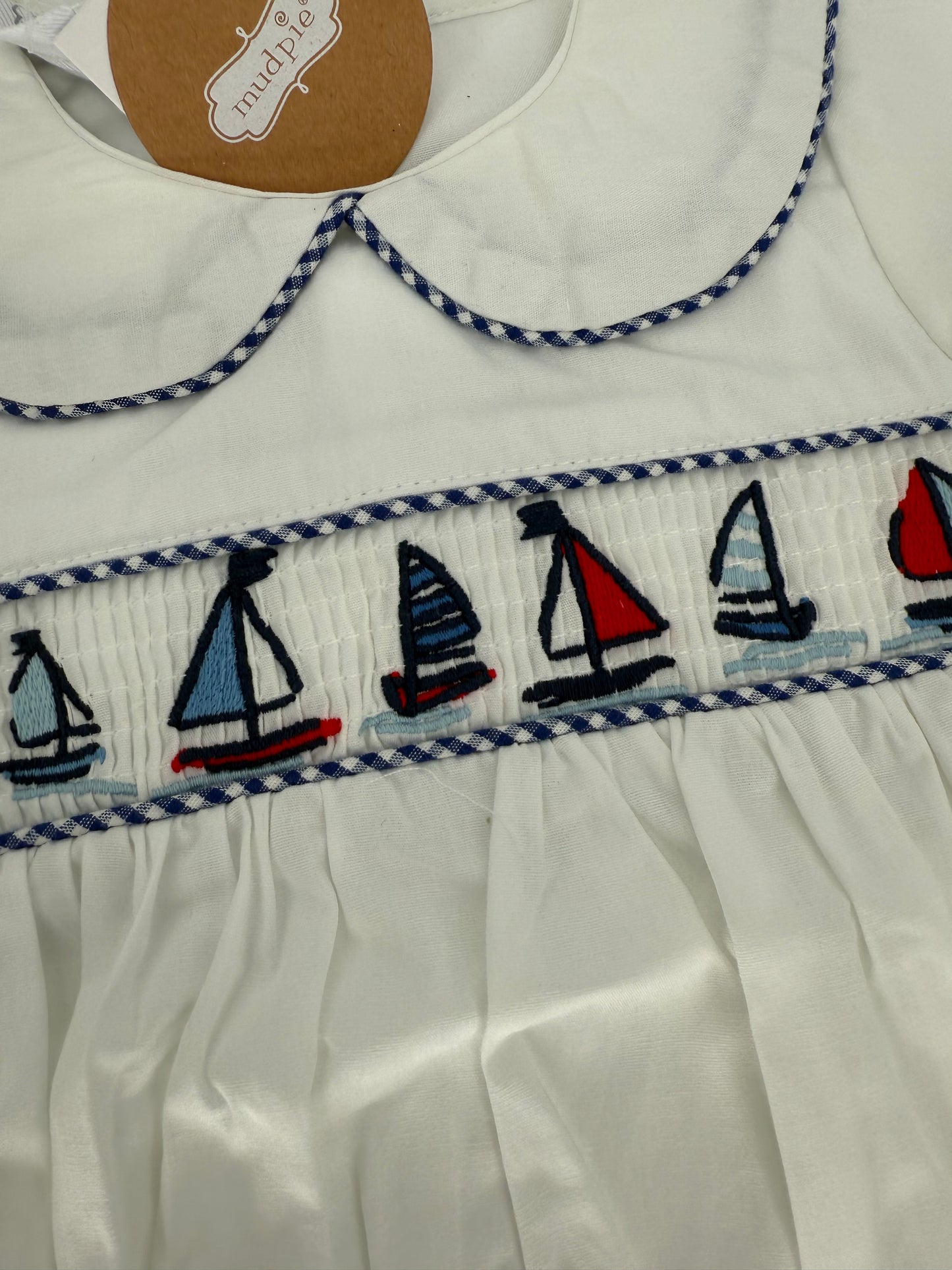 White Bubble Suit with Classic Sail Boat Smocking by Mudpie