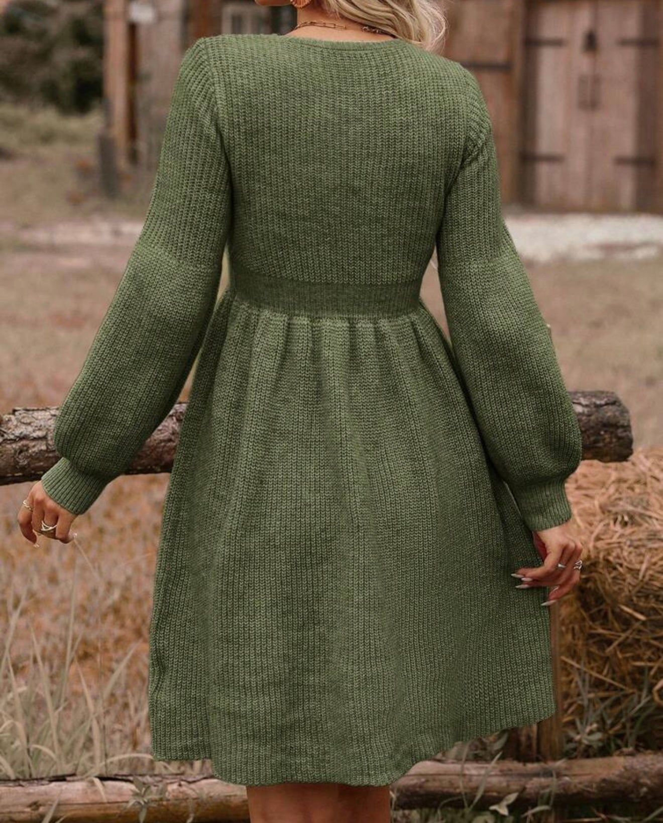 Cable Knit Green Sweater Dress with cuffed puff sleeve
