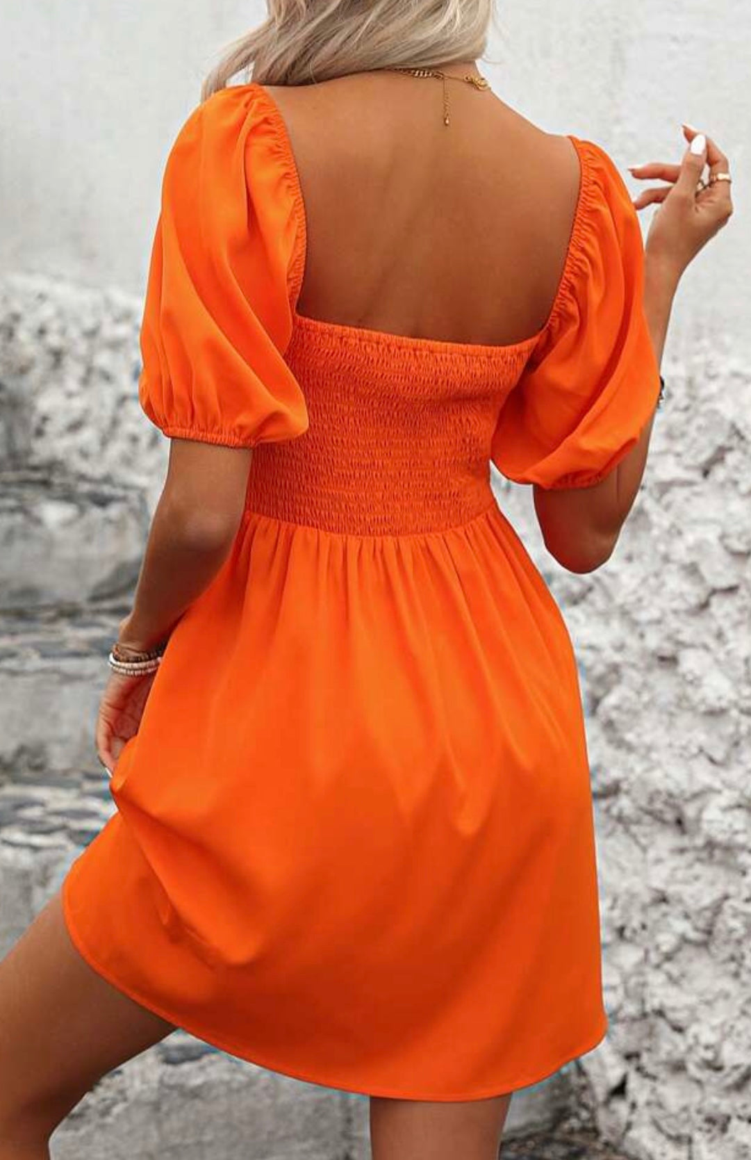 Orange Dress with Puff Sleeves and Elastic Back