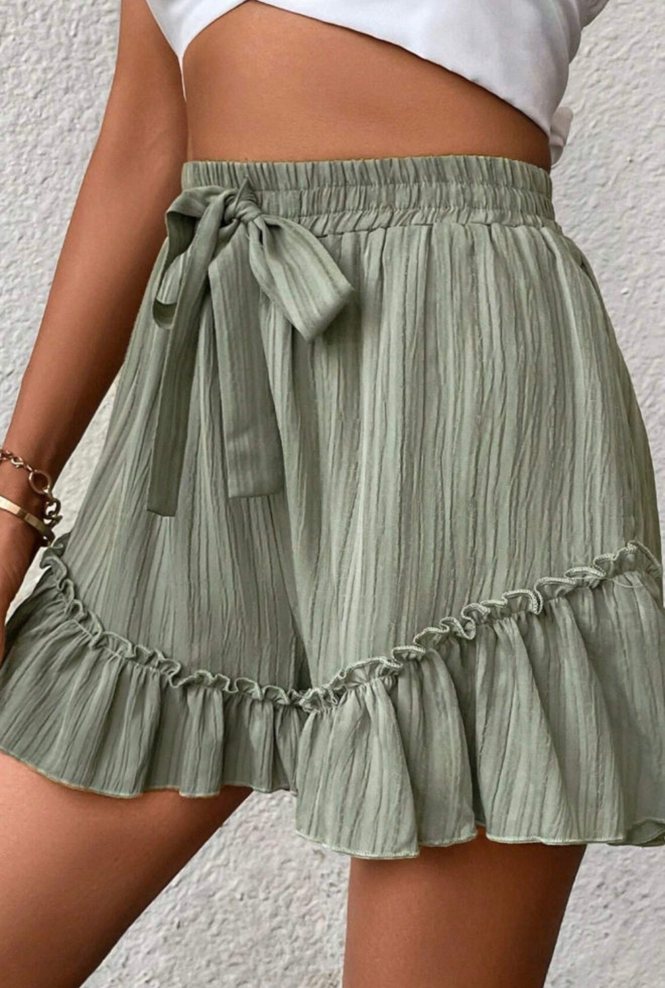 Green Ruffle Hem Shorts