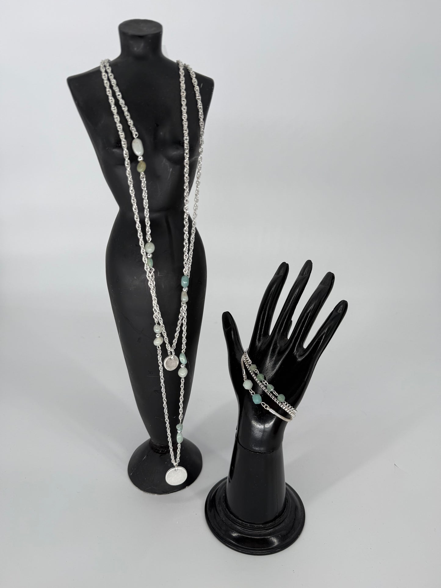 Trezo Silver and Beaded 2 Layer Necklace and Bracelet with Magnetic Closure