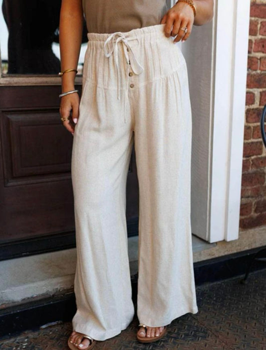 A71 White Pleated Drawstring Wide Leg Pants with Buttons - Ivy's Gifts & Boutique