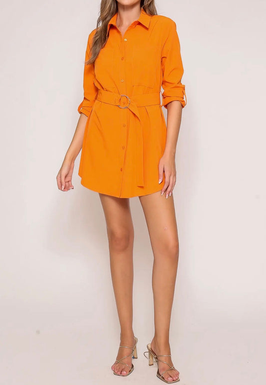 Orange belted shirt dress by Ivy's Gifts & Boutique, featuring a stylish design with a collar and button front details.