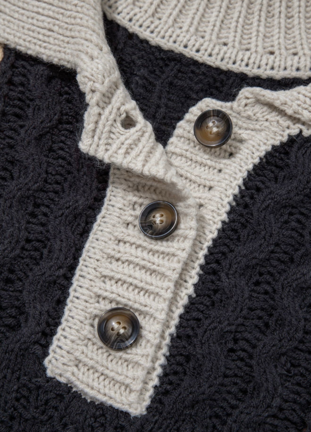 Cream Black Brown and Khaki Color Block Button Sweater
