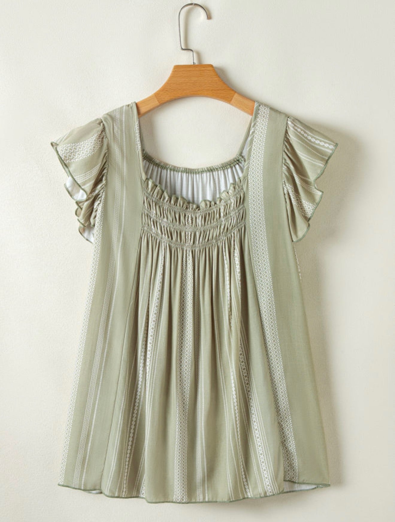 Green Top with Cap Sleeves and Subtle White Stripe
