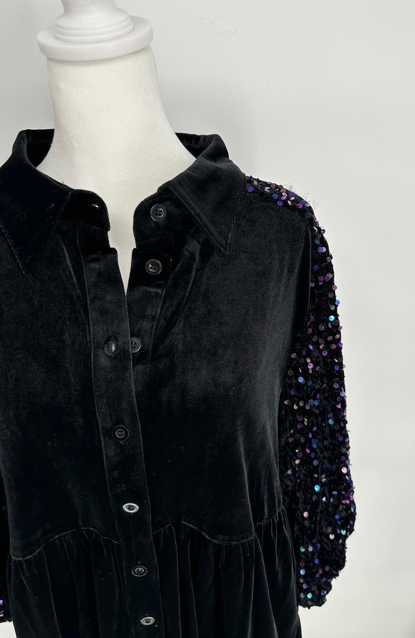 Black Velvet Button Front Dress with Sequin Sleeves