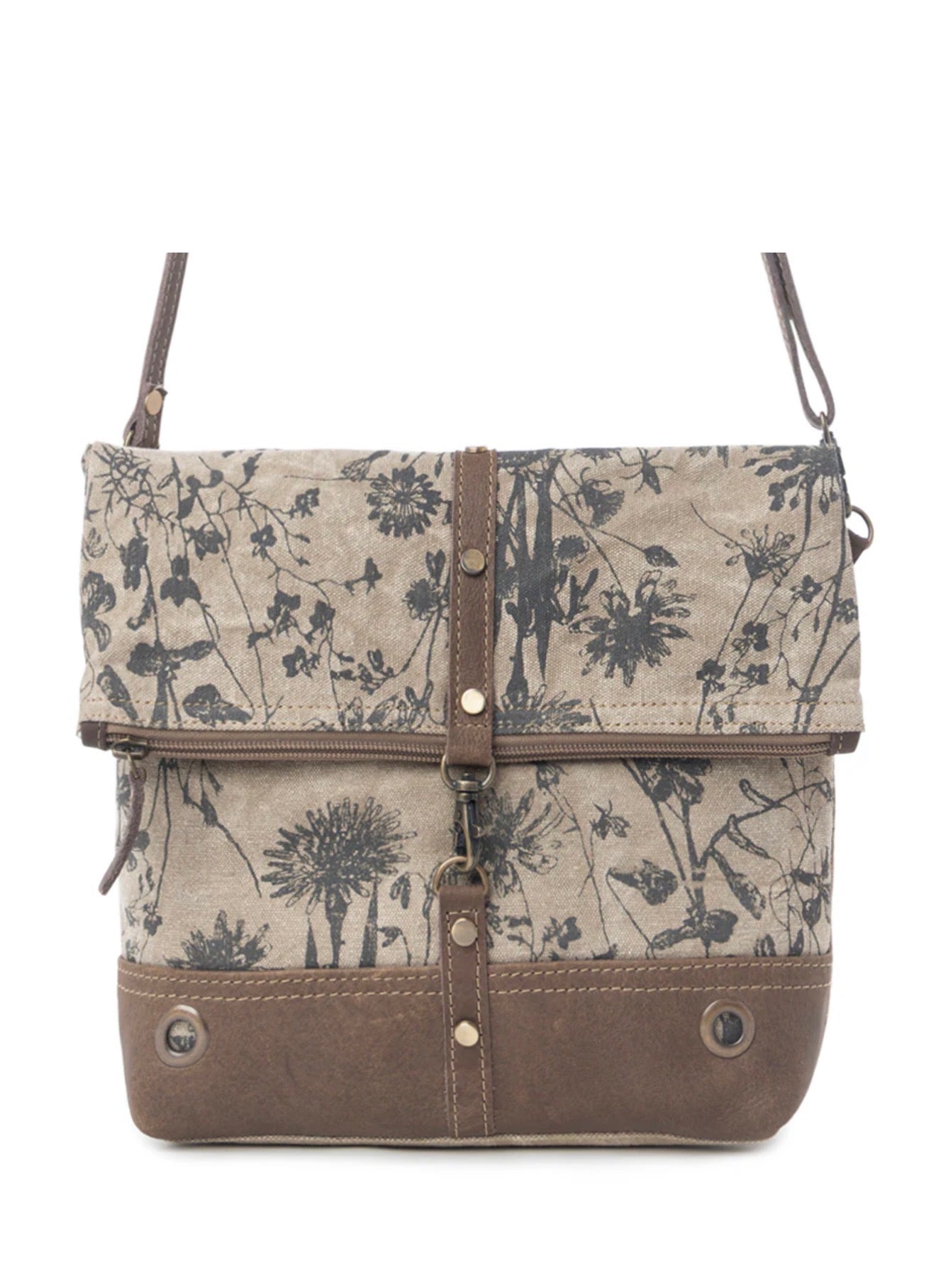 MY7 MYRA BRAND Tazzie Floral Accent Printed Canvas Crossbody Shoulder Bag with Zipped Fold Over and Secure Latch for Added Style and Security