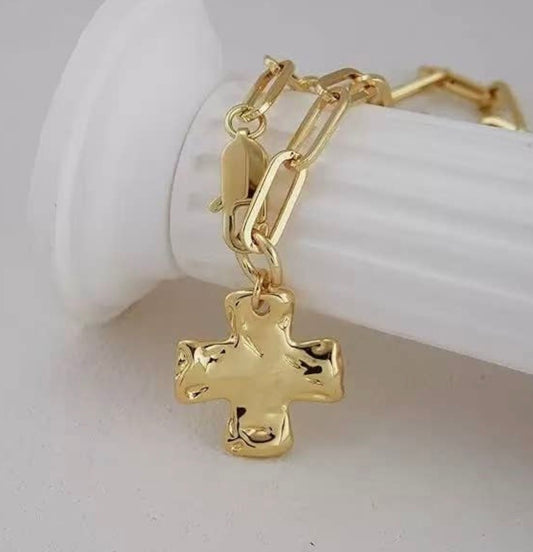 Dainty gold hammered cross pendant on paper clip link chain, jewelry by Ivy's Gifts & Boutique