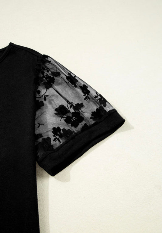 PP35 Black V Neck Top with Sexy Sheer Floral Sleeves and Neck