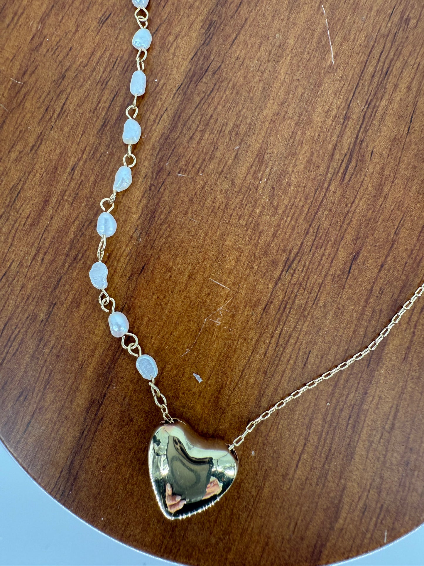 Trezo Gold Heart and Pearl necklace with Crystal Heart Accent
