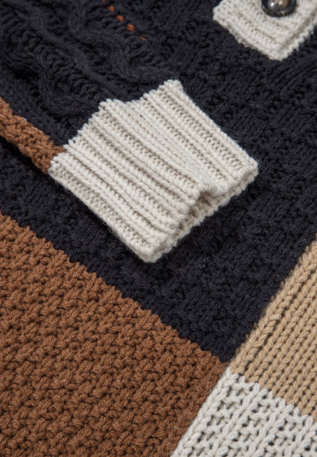 Cream Black Brown and Khaki Color Block Button Sweater