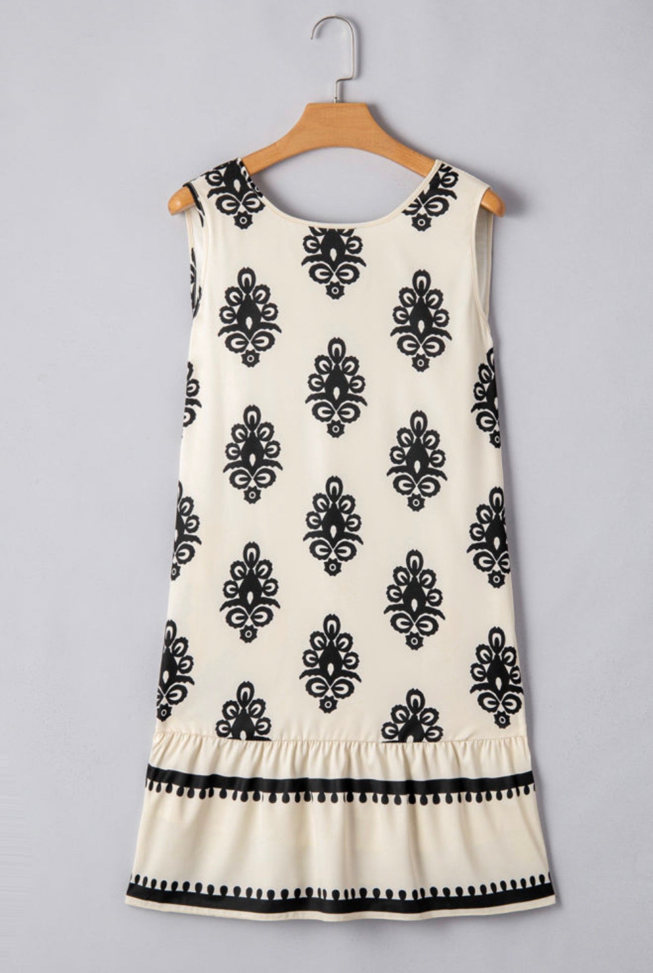 Ivory and Black Print Dress with Back Tie at neck