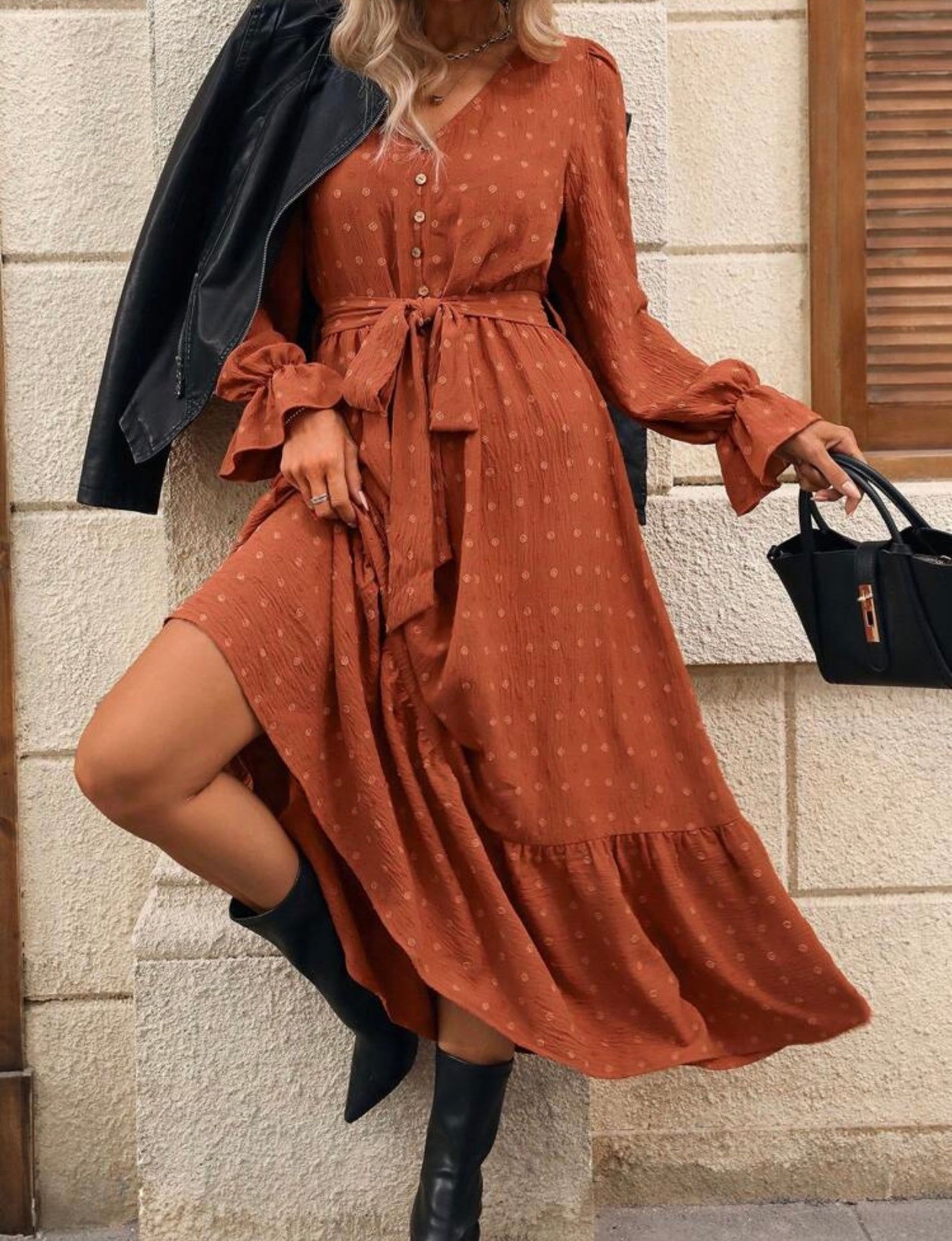Long Sleeve Textured Rust Belted Dress