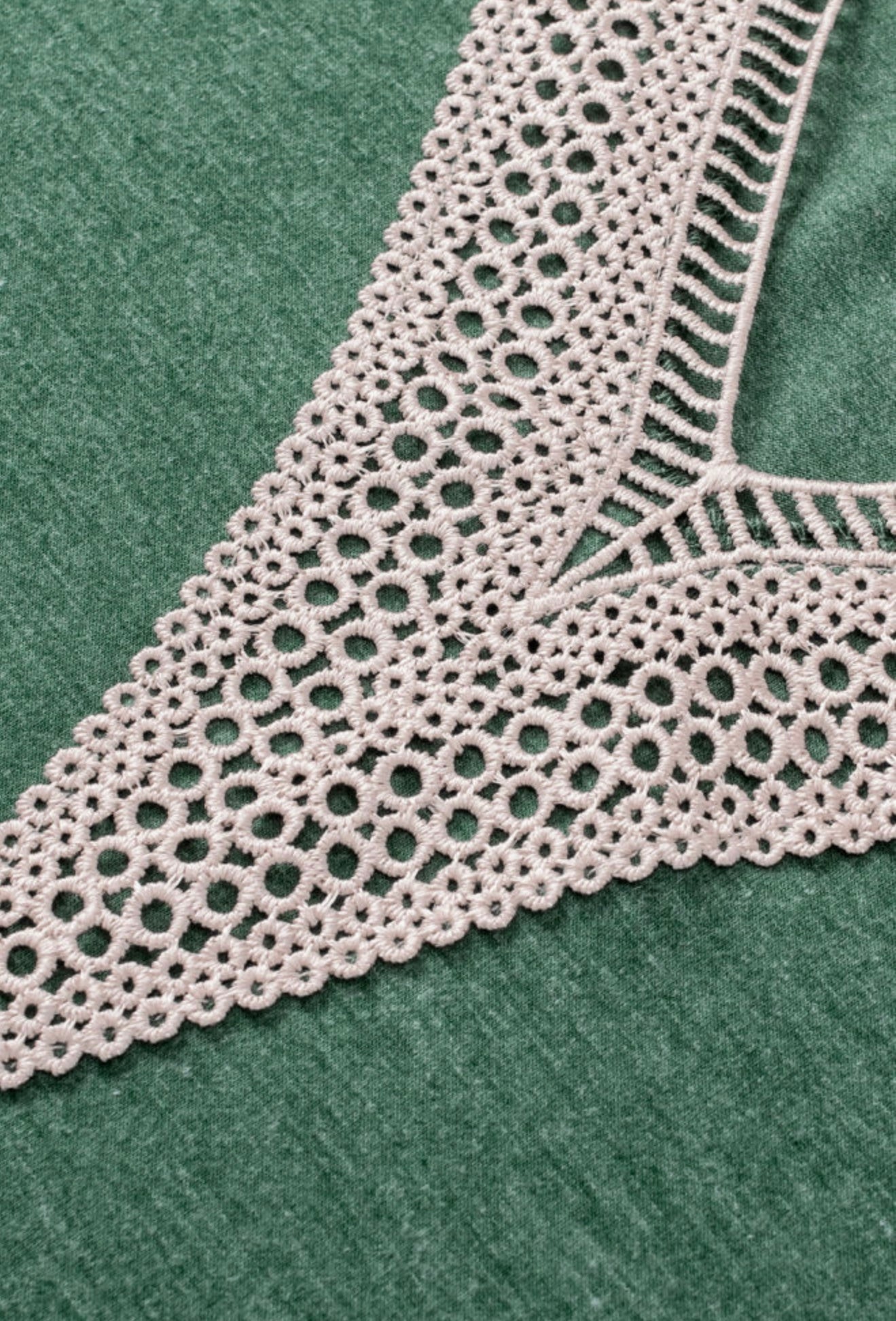 Green Top with Crochet Neck Trim and Criss Cross Sleeve