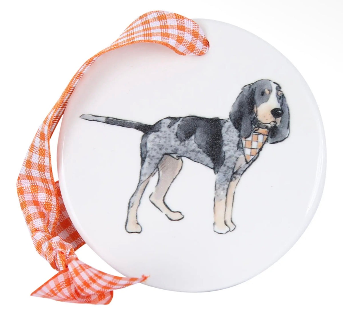 FSO Smokey Ceramic Disc Ornament with Orange and White Gingham Ribbon to hang