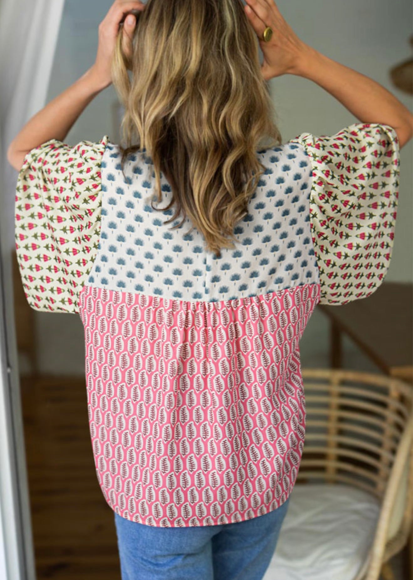 Multi Print Color Block Design Top with Pearl Button