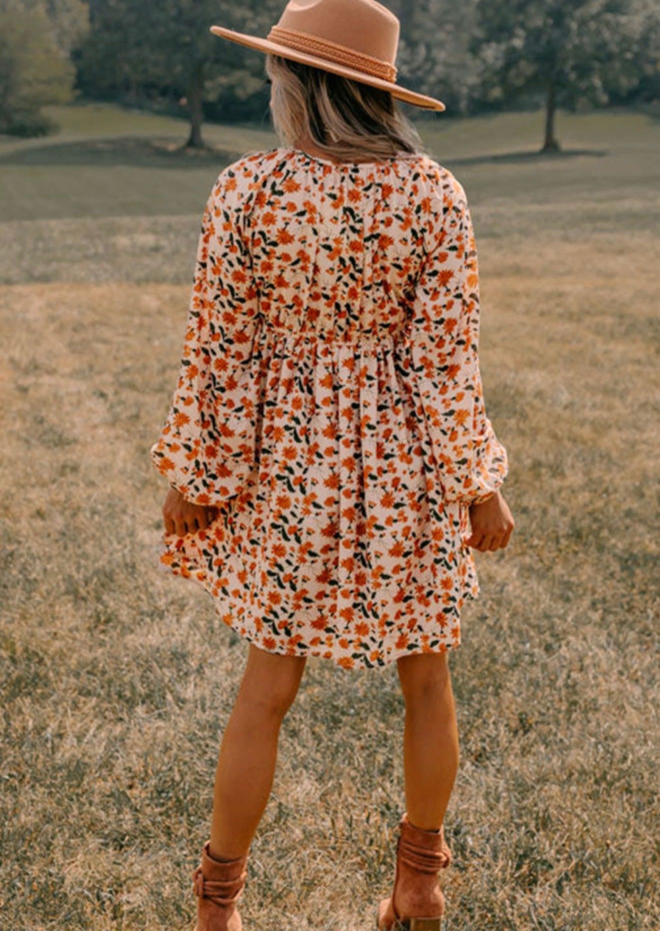 Orange Floral Print V-Neck Dress